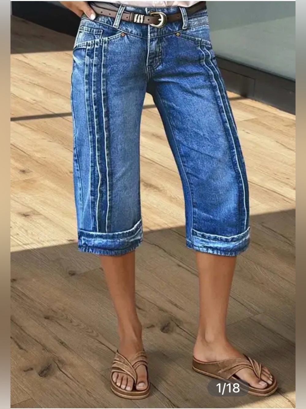 Flamingals Wash Stitch Detail Mid Waist Straight Leg Capri Jeans